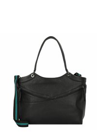 Sac à main en cuir noir avec une finition texturée, deux poignées et une bandoulière amovible rayée. Il présente un haut arrondi et une poche avant zippée.