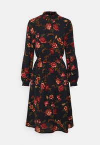 Robe fleurie à manches longues, col montant et taille élastique. Fond sombre avec motifs de fleurs rouges et roses, agrémentés d'accents verts.