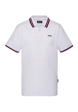 Biała koszulka polo z krótkim rękawem, z kołnierzykiem i krawędziami rękawów w czerwono-biało-niebieskie paski, z małym logo "Schott NYC" na piersi.