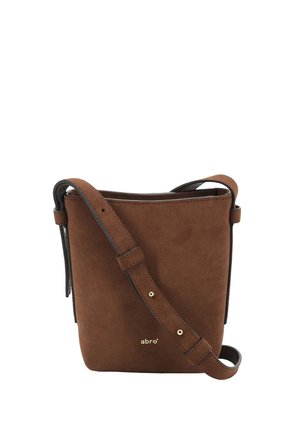 Small brown suede crossbody bag with adjustable strap and gold logo "abro" on front against white background.