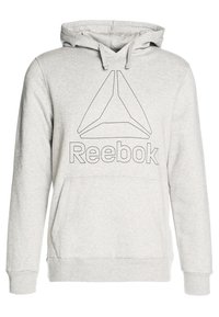 Šedá mikina s kapucí vyrobená z měkké tkaniny, která má na přední straně velké černé logo Reebok a geometrický emblém. Obsahuje klokaní kapsu.