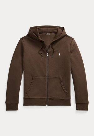 Brown zip-up hoodie with drawstring hood, front pockets, and small white Polo Ralph Lauren logo on left chest.