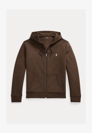 Sudadera marrón con cremallera, capucha con cordón, bolsillos delanteros y pequeño logotipo blanco de Polo Ralph Lauren en el pecho izquierdo.