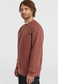 Mørkerød sweatshirt med lange ærmer, ribbede manchetter og kant, med et lille cirkulært logo på brystet, lavet af blødt bomuldsstof.