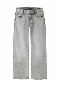 Jean denim gris à jambes larges, avec une taille haute, des poches avant et des accents métalliques en clous épars sur la surface avant.