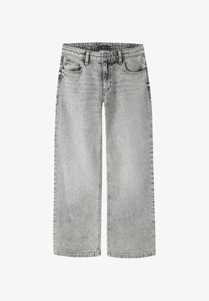 Pilkos spalvos platėjantys džinsai iš džinsinio audinio, turintys aukštą juosmenį, priekinės kišenės ir išbarstyti metalinių detalių akcentai priekinėje dalyje.