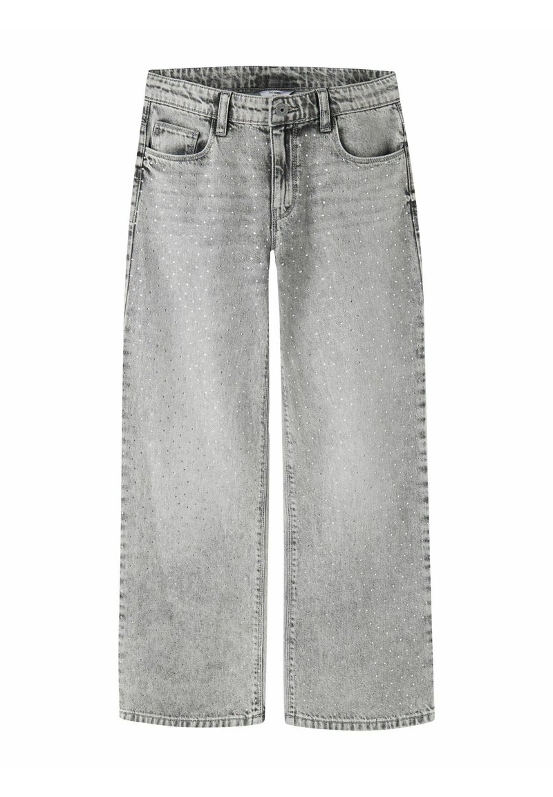 Jean denim gris à jambes larges, avec une taille haute, des poches avant et des accents métalliques en clous épars sur la surface avant.