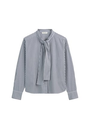 Striped blouse in navy and white, featuring long sleeves, a necktie detail, and a relaxed fit with buttoned cuffs. Soft fabric texture.