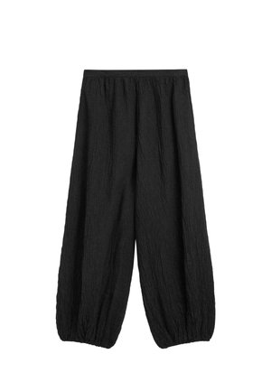 Pantaloni neri larghi e strutturati con vita elastica e polsini elasticizzati arricciati.