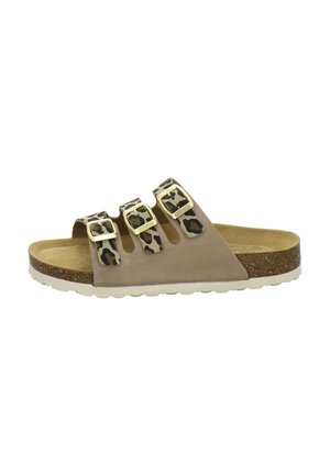 Open-toe slide sandal with three adjustable leopard print straps, gold buckles, tan footbed, cork midsole, and white textured outsole.