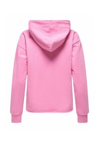 Rosa hoodie med en mjuk textur, som har en stor, rund huva, långa ärmar och fastsydda muddar. Inga framdesign detaljer synliga.