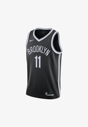 Maillot de basketball noir de Brooklyn avec bordure blanche, numéro 11 devant, logo Nike et étiquette NBA à l'ourlet inférieur.