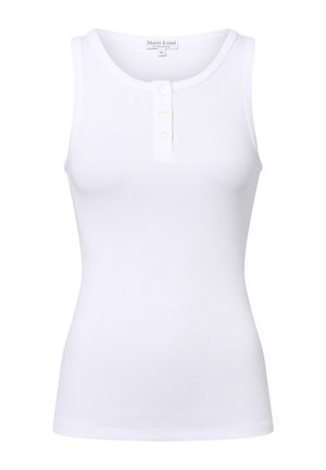 White ribbed tank top, featuring a round neckline and three-button placket. Made from soft, stretchy fabric for a fitted appearance.