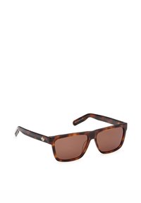 Lunettes de soleil rectangulaires en écaille de tortue avec verres bruns et logo Adidas sur la branche, présentées sur un fond blanc.