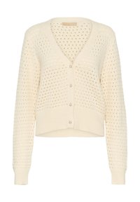 Cremefarbener Strickcardigan mit kurzem Schnitt, V-Ausschnitt, Knopfverschluss und einem durchgehend perforierten Muster im Stoff.