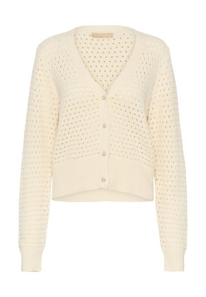 Cardigan tricoté crème de longueur courte, avec un col en V, une fermeture à boutons et un motif perforé sur tout le tissu.