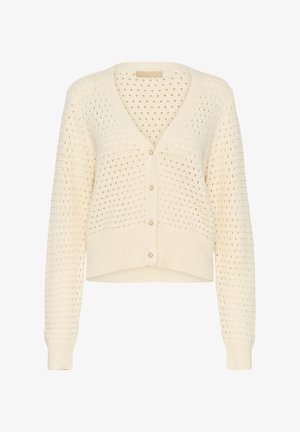Cardigan lavorato a maglia color crema con lunghezza corta, dotato di scollo a V, chiusura con bottoni e motivo traforato su tutto il tessuto.