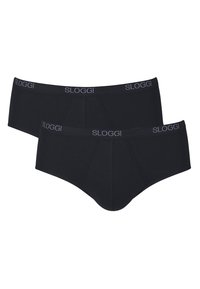 Schwarze Sloggi Slips mit glatter Textur, elastischem Bund mit Logo und mittelschnellem Design. Zwei Paare sind zusammen präsentiert.