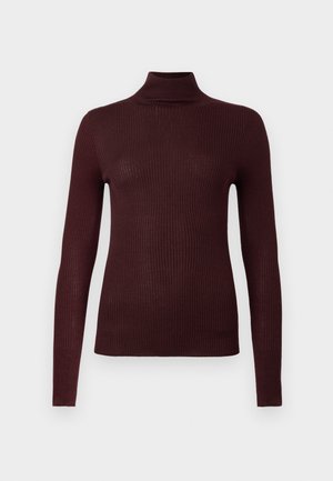 Mørkebrun ribbet langermet genser med høy hals, i smal passform og fin vertikal strikket tekstur, vist på en enkel lys bakgrunn.
