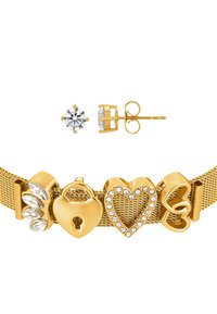 Bracciale in rete dorata con charm a tema: cuore, lucchetto e "Amore" in oro, abbellito con strass trasparenti. Include orecchini a bottone coordinati.