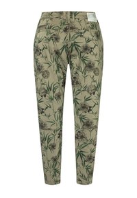 Blommönstrade byxor i olivgrön, med ett material i bomullsblandning, slim fit-design och två bakfickor med diskreta sömnadsdetaljer.
