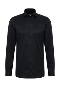 Camicia nera a maniche lunghe con bottoni realizzata in tessuto liscio. Presenta un colletto classico, sette bottoni frontali e polsini con un bottone.