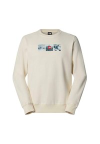 Sudadera color crema con mangas largas, que presenta un gráfico frontal de paisajes montañosos azules y un teleférico rojo. Tejido texturizado.