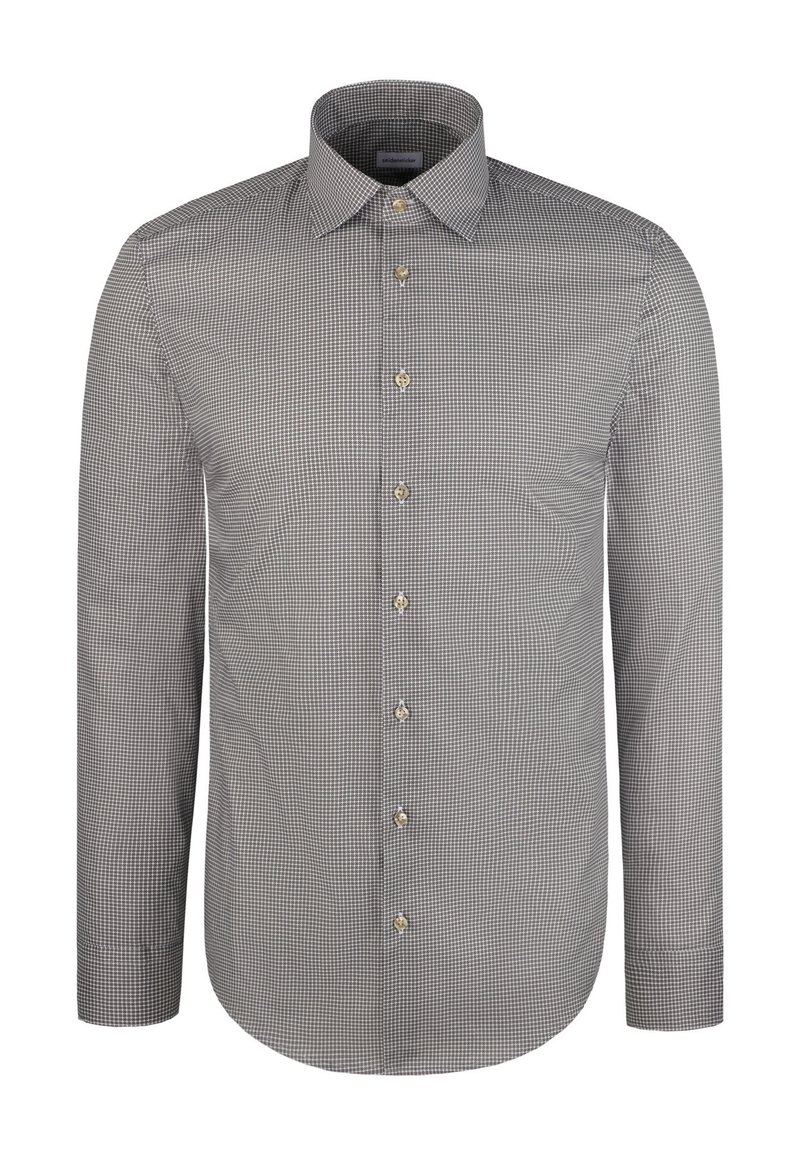 Camicia a maniche lunghe con bottoni, caratterizzata da un piccolo motivo a quadretti in bianco e nero, con colletto classico e bottoni tono oro. Tessuto in cotone.