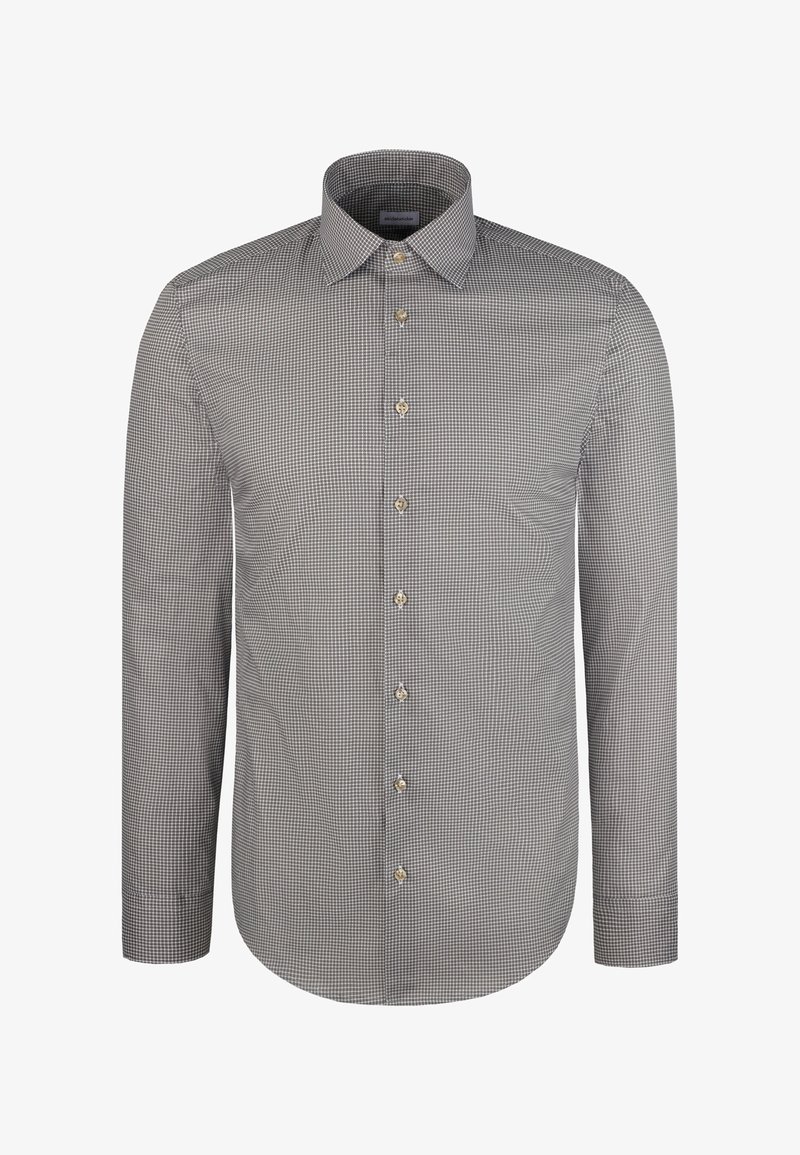 Camicia a maniche lunghe con bottoni, caratterizzata da un piccolo motivo a quadretti in bianco e nero, con colletto classico e bottoni tono oro. Tessuto in cotone.