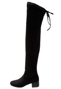 Bota de ante negra por encima de la rodilla con punta redondeada, cuerpo texturizado y un tacón grueso con purpurina. Presenta un lazo en la parte superior del eje para ajuste.