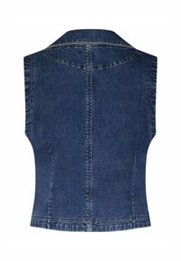 Denim gilet, donkerblauw, mouwloos ontwerp, puntige kraag, zichtbare stiksels en zijnaad, gladde textuur en getailleerde vorm.