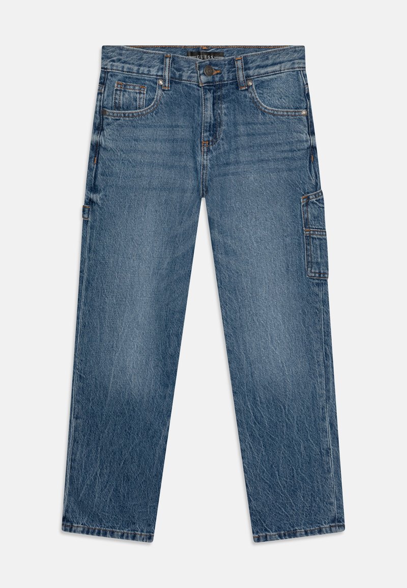 Pantaloni cargo in denim blu con gamba dritta, dotati di molteplici tasche, un classico design a cinque tasche e una leggera scoloritura.