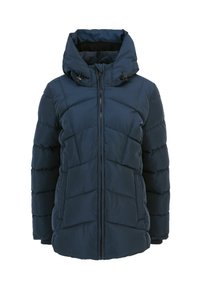 Hellblauer, gepolsterter Wintermantel mit Kapuze, Frontreißverschluss und diagonaler Steppnaht auf dem Körper und den Ärmeln.
