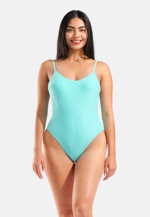 Aqua-Einteiler-Badeanzug mit dünnen Trägern, V-Ausschnitt und hoch ausgeschnittenen Beinen, gefertigt aus glattem, dehnbarem Stoff.