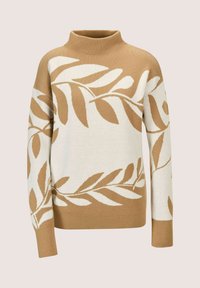 Beiger und weißer Rollkragenpullover mit großem Blattzweig-Muster, das sich über den Körper und die Ärmel zieht.