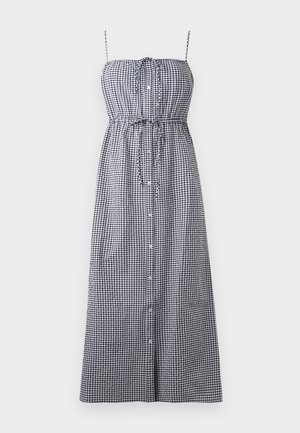 Mustvalge gingham maks Kleid, millel on reguleeritavad õlapaelad, nööbiga esiosa ja kitsenev vöökoht.