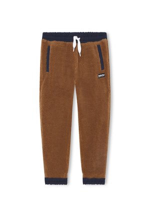 Brązowe spodnie dresowe z polaru z granatową elastyczną talią i ściągaczami, białym sznurkiem, bocznymi kieszeniami oraz naszywką z logo Timberland na prawej nodze.