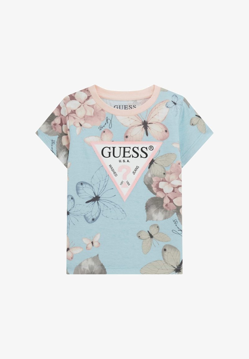 T-shirt azzurro chiaro con stampa di farfalle e fiori. Logo triangolare con il nome del marchio in colori a contrasto. Maniche corte, design a collo rotondo.