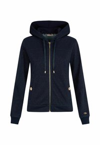 Felpa con cappuccio blu navy, con zip dorata, maniche lunghe, tasche frontali e sottili glitter. Presenta lacci regolabili e accenti con logo.