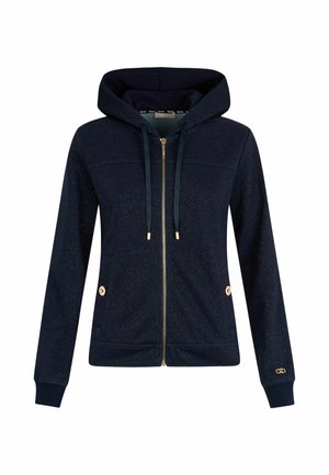Sweatshirt à capuche marine avec une fermeture éclair dorée, manches longues, poches avant et légers paillettes. Comprend des cordons de serrage ajustables et des accents de logo.