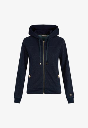 Felpa con cappuccio blu navy, con zip dorata, maniche lunghe, tasche frontali e sottili glitter. Presenta lacci regolabili e accenti con logo.