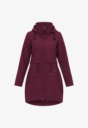 Burgunderfarbene Softshell-Jacke mit verstellbarer Kapuze, Kordelzug in der Taille, Frontreißverschluss und zwei Reißverschlusstaschen. Glatte Textur und Midi-Länge.