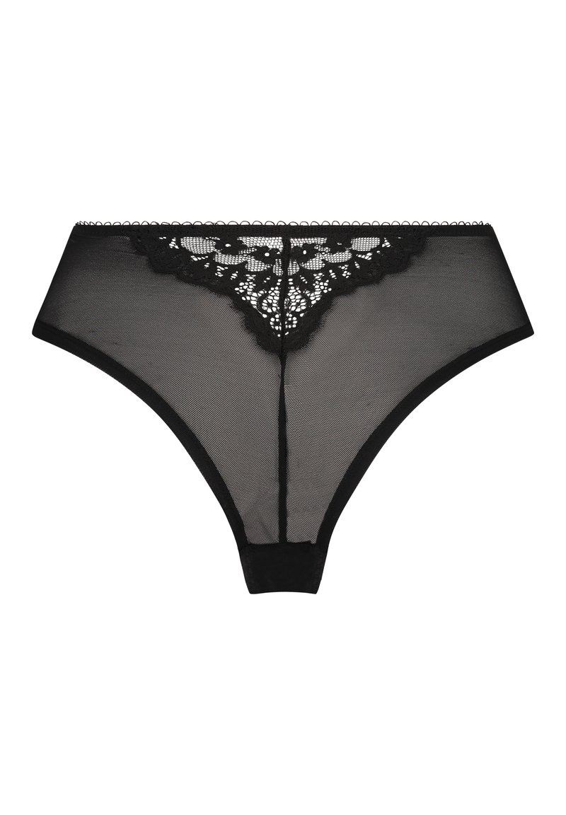 Schwarzer Spitzen-Thong mit einem durchsichtigen Mesh-Körper, der ein florales Spitzenmuster an der Vorderseite, gewellte Kanten und einen weichen Bund aufweist.