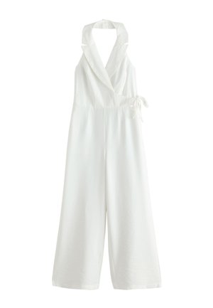 Witte mouwloze jumpsuit met wijde pijpen, sjaalkraag en zijstrikdetail in de taille.