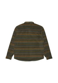 Langärmliges Hemd in Grün mit horizontalen Streifen in Braun, Blau und Orange. Vorderer Knopfverschluss und klassischer Kragen.