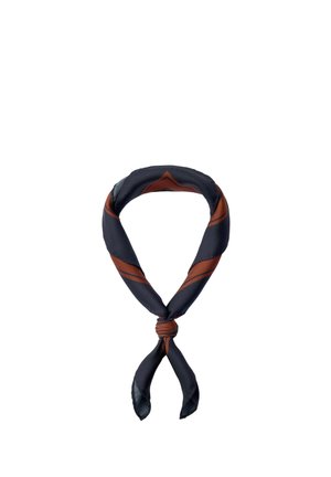 Crni i smeđi svileni šal vezan u labavi čvor s vrhovima šiljatim na bijeloj pozadini.