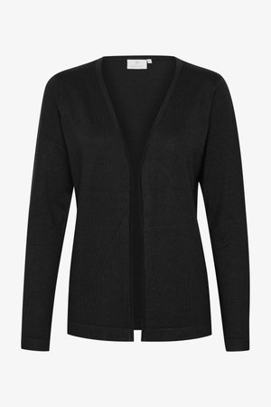 Cardigan noir en tricot, avec un décolleté en V profond, une ouverture sur le devant, des manches longues et une finition ajustée.