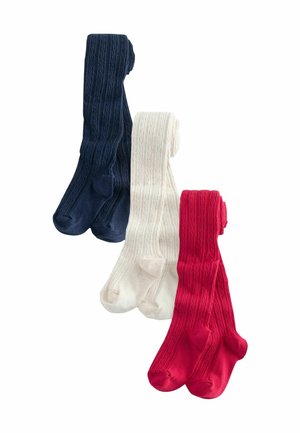 Drei Paar gerippte, gestrickte Strumpfhosen in Marineblau, Weiß und Rot, flach auf weißem Hintergrund ausgelegt.