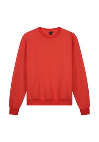 Rode sweatshirt, ronde hals, lange mouwen met ribgebreide manchetten, zachte textuur, effen kleur, geen patronen, subtiele logo aan de voorkant.