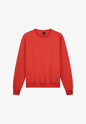 Rode sweatshirt, ronde hals, lange mouwen met ribgebreide manchetten, zachte textuur, effen kleur, geen patronen, subtiele logo aan de voorkant.